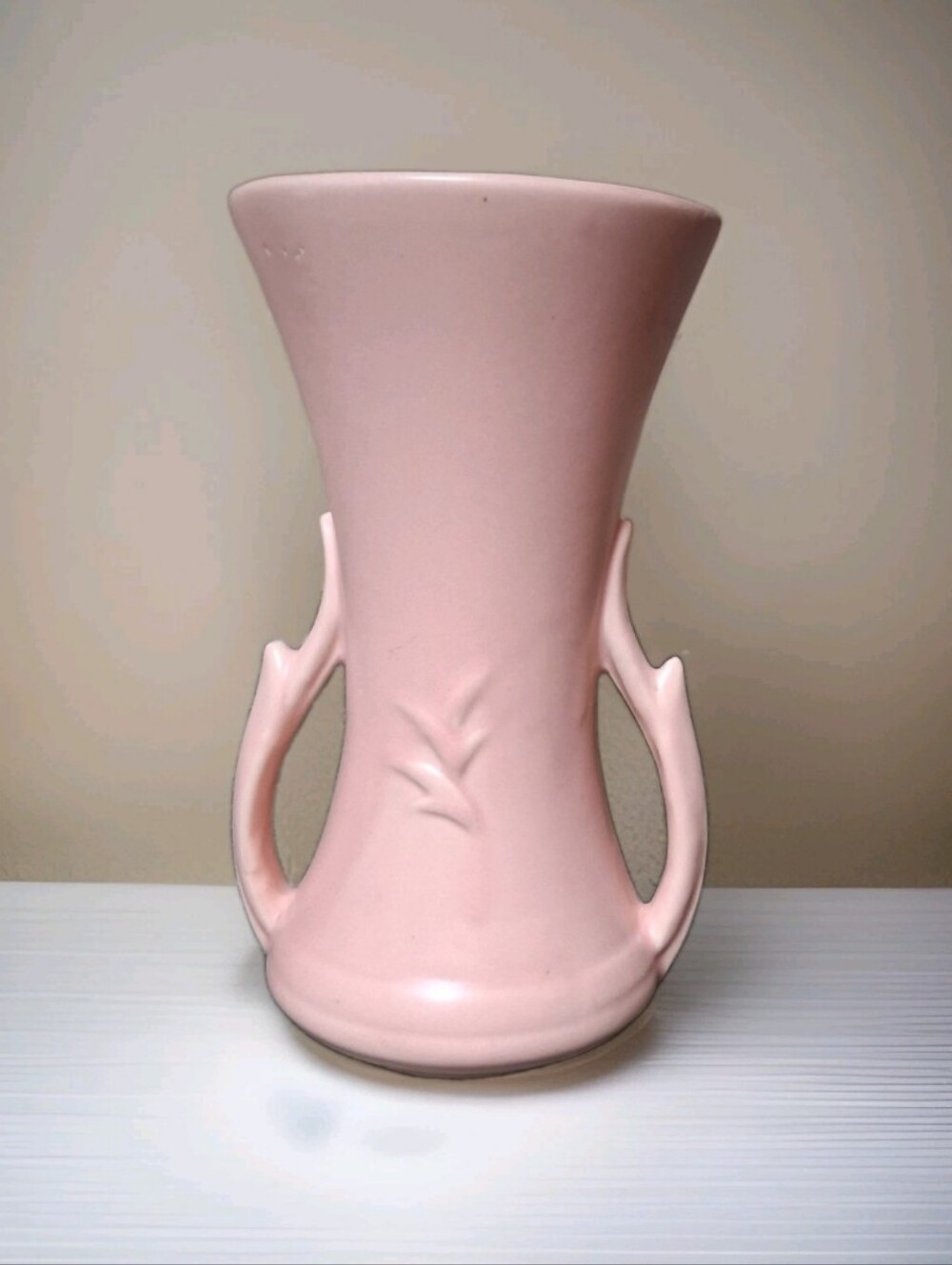 Vintage McCoy Pottery Pink  Handled Vase 8  1/2" With Raised Leaf Pattern